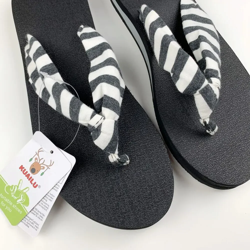 New Kuailu Flip Flops Sandals Slip On Grey White Striped Fabric Women's 11